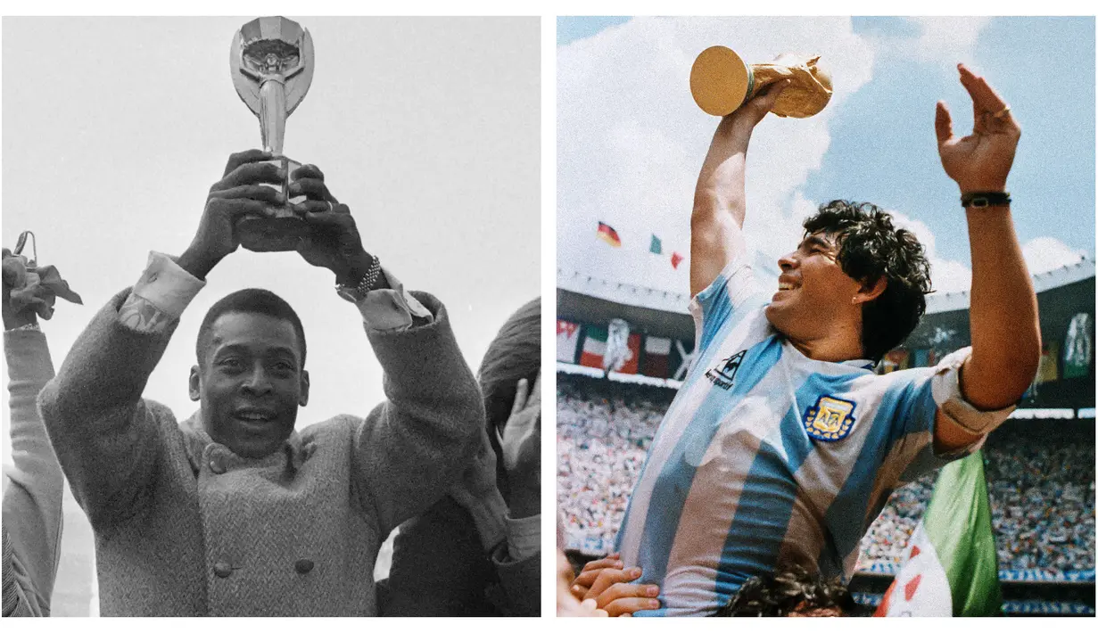 Pele total mengoleksi 3 gelar Piala Dunia pada edisi 1958, 1962 dan 1970. Sementara Diego Maradona mengoleksi satu gelar Piala Dunia pada edisi 1986. (Kolase AFP)