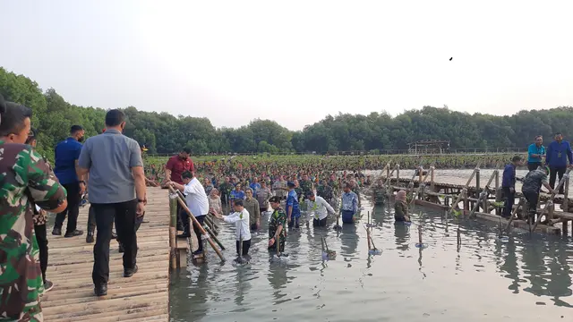 Presiden Joko Widodo atau Jokowi dan Menteri Pertahanan Prabowo Subianto ikut menanam mangrove di Taman Wisata Alam Angke Jakarta Utara, Senin (15/5/2023)