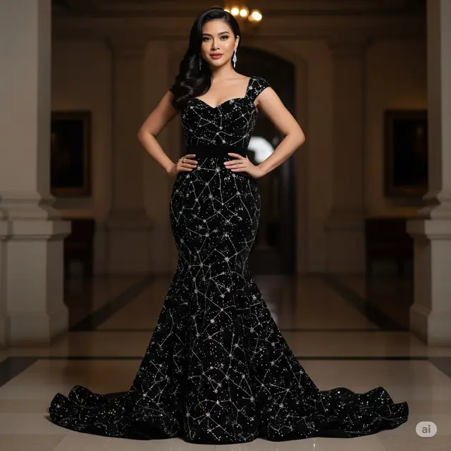 Black Velvet Brokat + Silver Payet Constellation