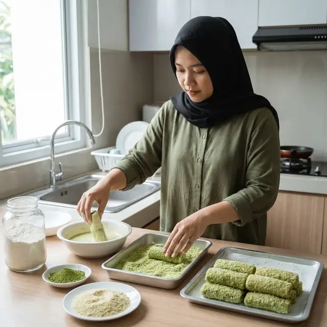 Tahap Pelapisan pada Risol Matcha (Gemini AI)