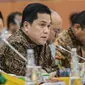 Menteri BUMN Erick Thohir menyampaikan pandangannya saat rapat kerja dengan Komisi VI DPR RI di Kompleks Parlemen, Senayan, Jakarta, Kamis (31/8/2023). (Liputan6.com/Faizal Fanani)
