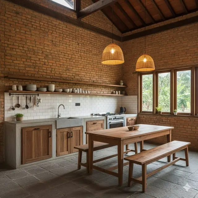 Dapur Rustic dengan Dinding Batu Bata Ekspos