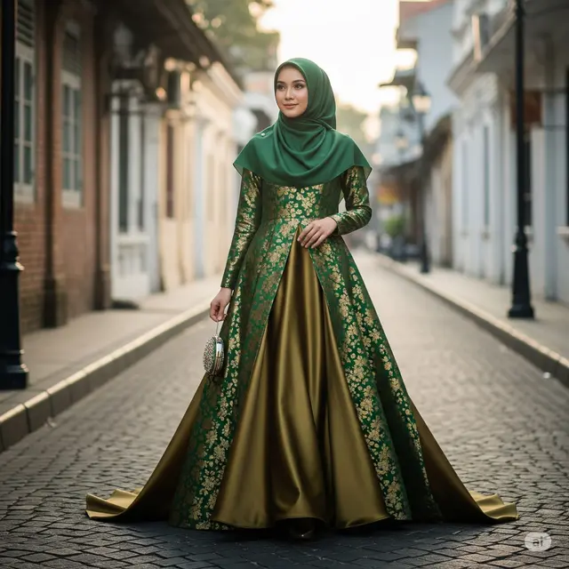 Gamis Brokat A-Line dengan Lapisan Satin Glossy