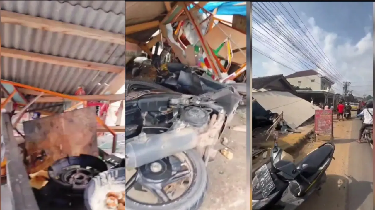 Penampakan warung milik warga di Lampung Timur rusak parah akibat ditabrak oleh mobil warga yang sedang mengejar komplotan pencuri sepeda motor. Foto : (Istimewa).