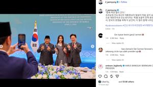 Carmen Hearts2Hearts bersama Presiden Prabowo dan Lee Jae Myung. (Instagram/ 2_jaemyung)