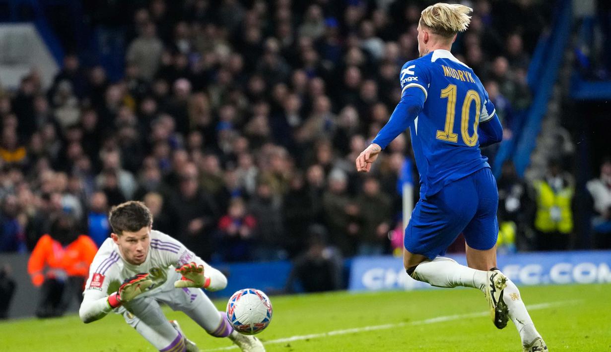 Tiga gol kemenangan Chelsea dilesakkan Nicolas Jackson pada ke-15, Mykhailo Mudryk (37) dan Conor Gallagher (90). (AP Photo/Kirsty Wigglesworth)