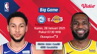 Live streaming pertandingan NBA, Sixers vs Lakers, Kamis (28/1/2021) pukul 07.30 WIB dapat disaksikan melalui platform Vidio. (Dok. Vidio)