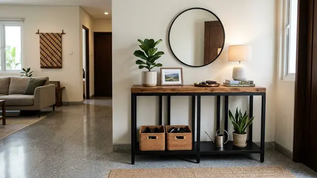 Ide meja konsol di rumah yang bikin ruangan tampak rapi dan modern model konsol besi dan kayu