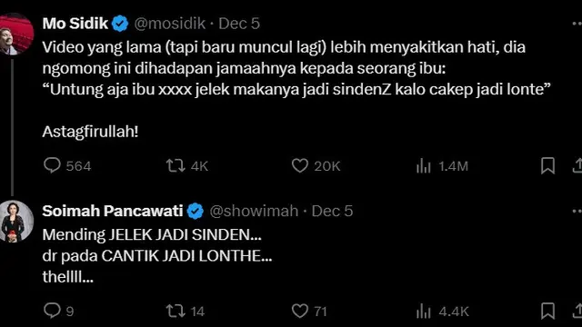 Tangkapan Layar Soimah Pancawati Beri Dukungan untuk Yati Pesek (credit: X @mosidik)