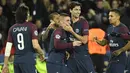 Para pemain Paris Saint-Germain merayakan gol Marco Verratti (tengah) saat melawan Celtic pada laga grup B Liga Champions di Parc des Princes stadium, Paris, (22/11/2017). PSG menang telak 7-0.  (AFP/Bertrand Guay)