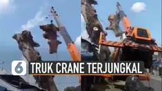 Beredar video truk crane terjungkal karena tak kuat mengangkut potongan pohon.