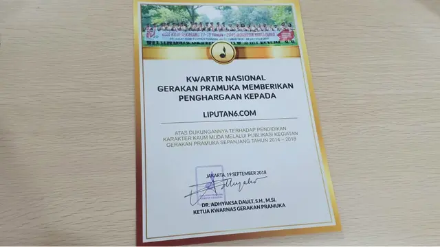 Kwartir Nasional (Kwarnas) Gerakan Pramuka memberikan penghargaan kepada 23 media tingkat nasional, salah satunya Liputan6.com.