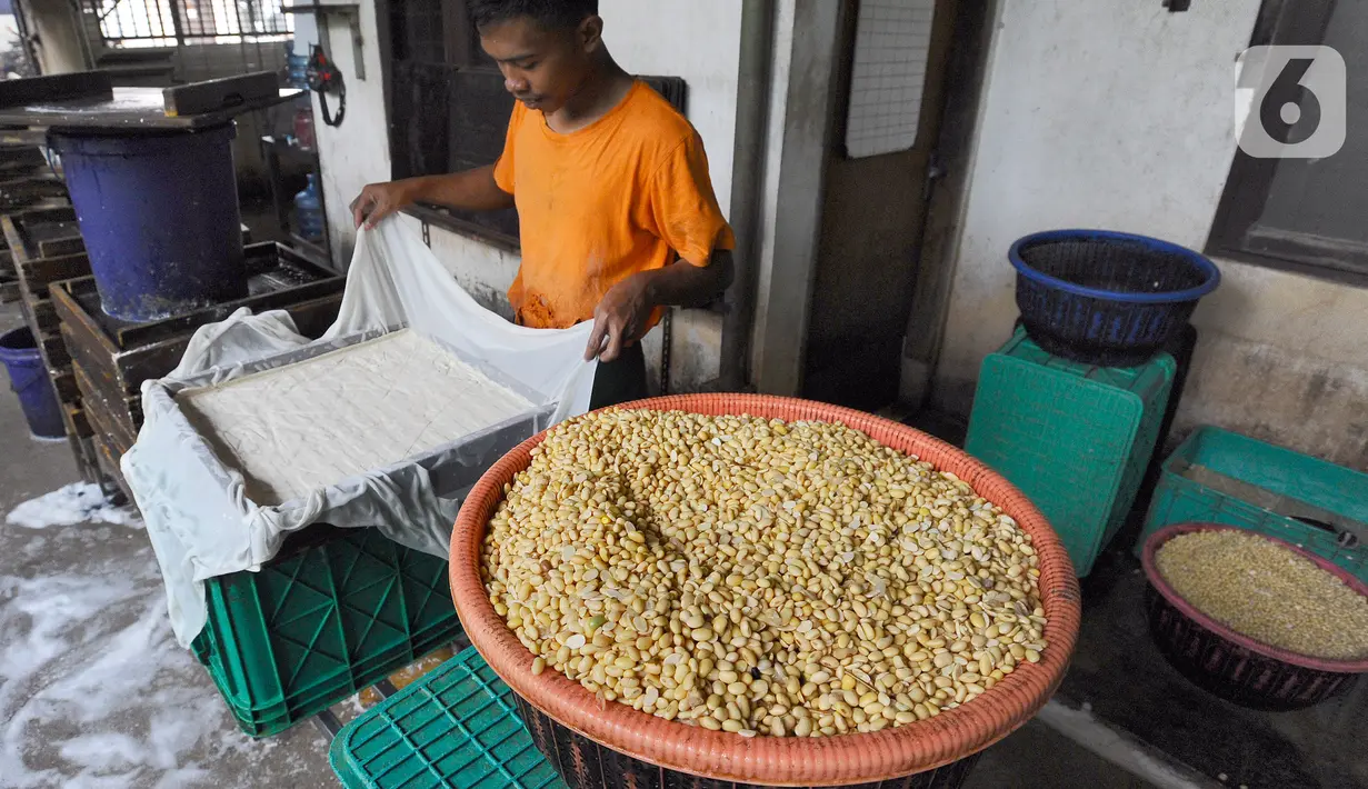Pekerja menyelesaikan pembuatan tahu di Pabrik Tahu Krukut, Depok, Jawa Barat, Senin (31/10/2022). Kenaikan harga kedelai yang sekarang mencapai Rp 14 ribu/kg menyebabkan produksi tahu menurun dari 2,5 - 3 kwintal kedelai/hari kini hanya 2 kwintal/hari, sementara jumlah tenaga kerja pun harus dikurangi dari enam menjadi hanya lima orang. (merdeka.com/Arie Basuki)