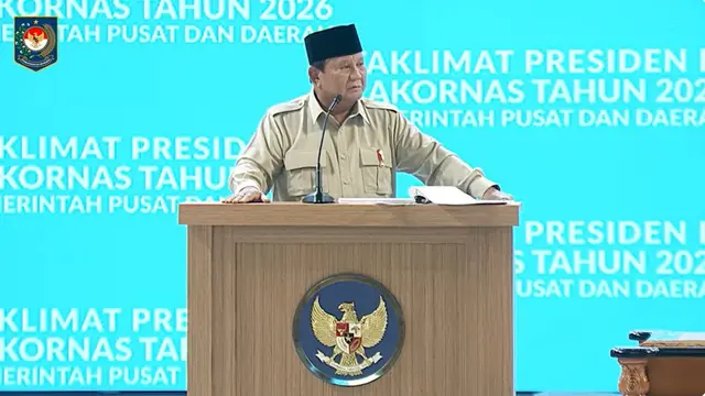 Presiden Prabowo Subianto dalam rapat koordinasi nasional (Rakornas) pemerintah pusat dan pemerintah daerah tahun 2026 di Sentul Internasional Convention Center (SICC), Bogor.