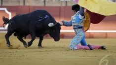 Pertarungan antara Matador dan banteng digelar di Maestranza, Sevilla, Senin (5/5/2014) (AFP Photo/Gogo Lobato).