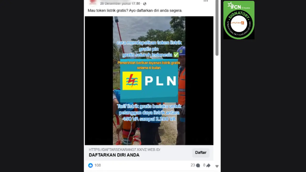 Tangkapan layar klaim link pendaftaran cara mendapatkan token listrik gratis selama enam bulan yang beredar di Facebook.