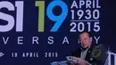 Ketua Umum PSSI 2015-2019, La Nyalla Mattalitti memberikan pidato pada perayaan ulang tahun PSSI ke-85 di Surabaya, Minggu (19/4/2015). La Nyalla Mattalitti terpilih sebagai Ketua Umum PSSI pada Kongres Surabaya 2015. (Liputan6.com/Helmi Fithriansyah)