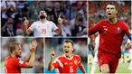 Berikut ini para pencetak gol terbanyak sementara pada ajang Piala Dunia 2018 di Rusia. Cristiano Ronaldo dan Denis Cheryshev berada di posisi teratas dengan koleksi tiga gol. (Foto-foto Kolase dari AP)