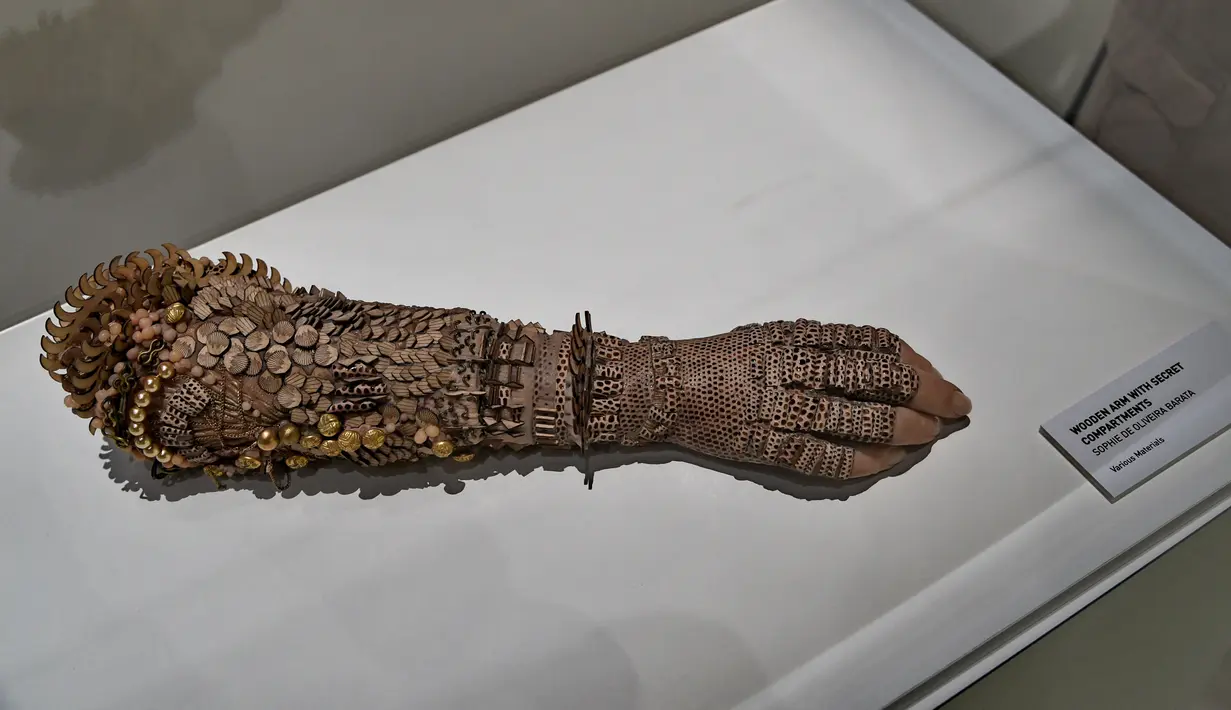 Instalasi seni oleh Sophie Barata berjudul "Wooden Arm with Secret Compartments" dipajang di museum Art Science, Singapura, Kamis (18/5). Pameran futuristik ini adalah karya dari 40 lebih seniman internasional. (AFP FOTO / ROSLAN RAHMAN)