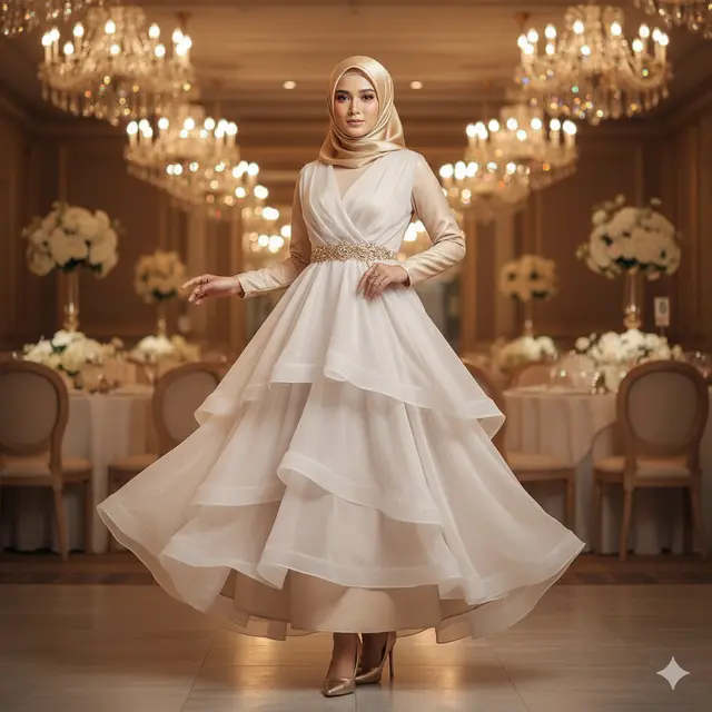 Model Gamis Cloud Dancer Kombinasi Gold untuk Kondangan Glamor