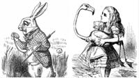 Tokoh White Rabbit dan Alice yang bermain kroket menggunakan burung flamingo. (Sumber John Tenniel via Wikipedia)