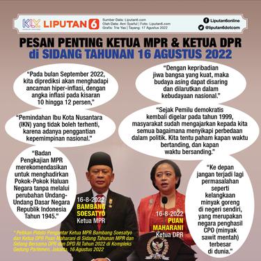 Infografis Pesan Penting Ketua MPR dan Ketua DPR di Sidang Tahunan 16 Agustus 2022. (Liputan6.com/Trieyasni)