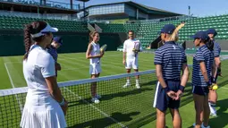 Princess of Wales, Kate Middleton (dua kiri), dan petenis, Roger Federer (tengah), berbincang dengan ball boy dalam sebuah pertandingan ekshibisi jelang Turnamen Tenis Grand Slam Wimbledon 2023 di The All England Tennis Club in Wimbledon, Sabtu (24/6/2023). (AFP/AELTC/Thomas Lovelock)