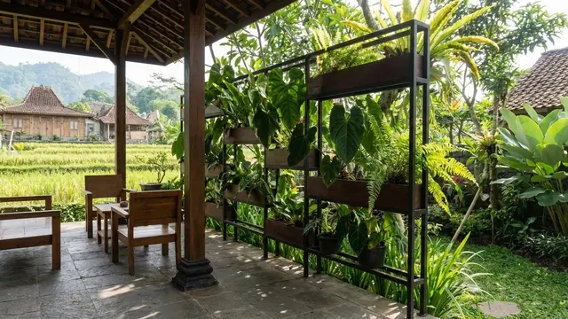 Teras Rumah Desa dengan Taman Vertikal