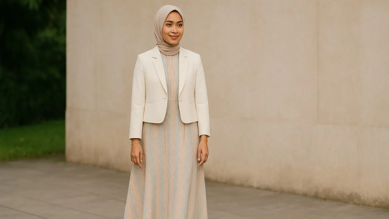 Gamis Batik dengan Blazer Polos (Foto: ChatGPT)