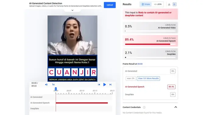 Video dan audio klaim Soimah membagikan uang Rp 100 juta dengan menebak kata menunjukkan hasil AI. (Foto: tangkapan layar Hive Moderation)