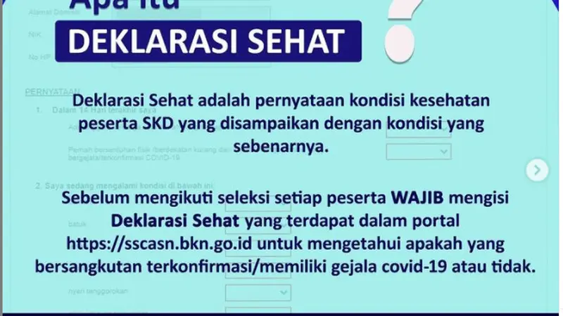 Formulir Deklarasi Sehat untuk Peserta Tes SKD CPNS 2021 di portal SSCASN. Dok SCCASN