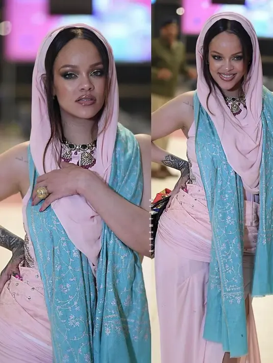 Sehari sebelumnya, Rihanna tampil di cocktail soirée mengenakan sheer dress warna hijau. Saat after party, ia pun berganti pakaian dengan ansambel nuansa pink pastel. [@viralpopculture]