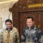 Menteri ATR/BPN Agus Harimurti Yudhoyono (AHY) mengunjungi kantor Menko Airlangga Hartarto, Senin (26/2/2024) sore. (Tira/Liputan6.com)