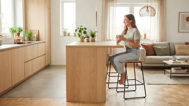 Desain Meja Bar Mini sebagai Pembatas Dapur dan Ruang Keluarga