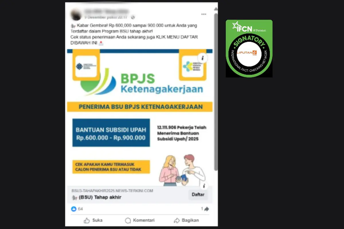 Tangkapan layar klaim link untuk mengecek status penerima Bantuan Subsidi Upah (BSU) yang beredar di Facebook.
