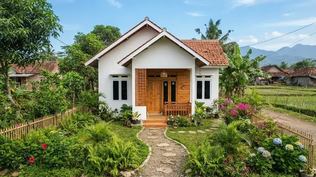Rumah Desa dengan Fasad Putih dan Aksen Kayu