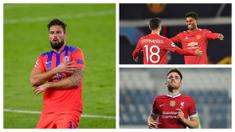 Hingga matchday ke-5 Liga Champions 2020/21, tercatat ada 5 pemain yang berhasil membuat trigol alias hattrick dalam satu pertandingan. Bahkan, striker Chelsea, Olivier Giroud melebihinya dengan mencetak 4 gol (quattrick). Siapa saja yang lain? (Kolase Foto AP dan AFP)