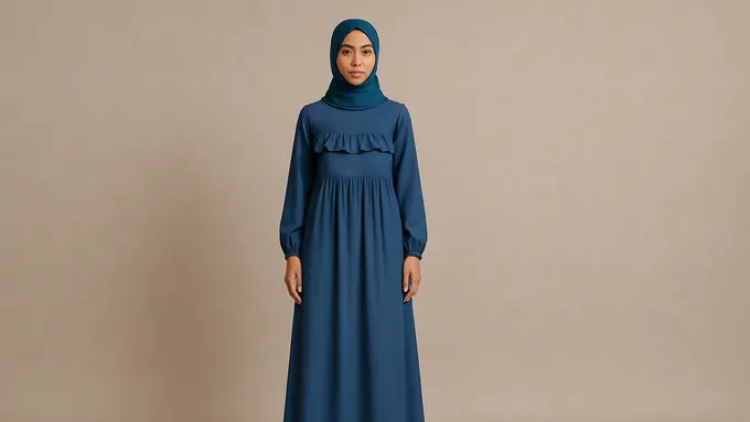 Gamis Empire Waist yang Cocok untuk Menyamarkan Perut (Foto: Rizka Nur Laily via ChatGPT)