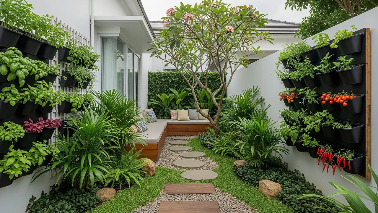 Model Desain Halaman Belakang Rumah Kecil dengan Pot Gantung Sayur dan Tanaman Rempah/ Ilustrasi AI