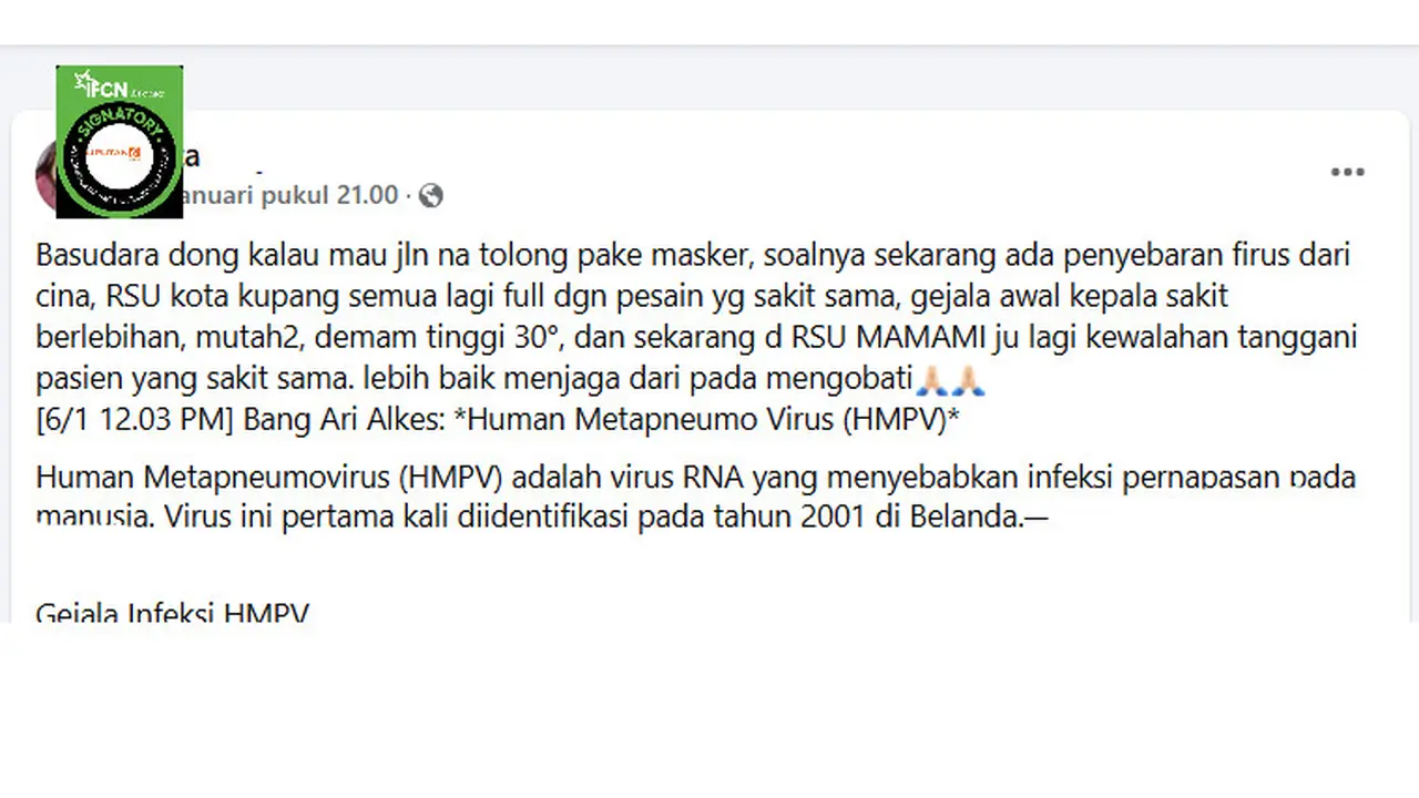 Tangkapan layar klaim Rumah Sakit Mamami Kupang kewalahan tangani pasien akibat virus dari China