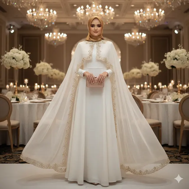 Model Gamis Cloud Dancer Kombinasi Gold untuk Kondangan Glamor