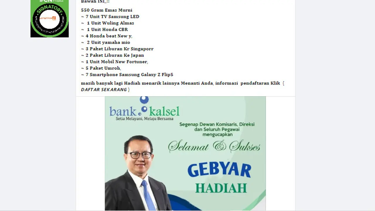 Tangkapan layar  klaim pendaftaran gebyar hadiah Bank BPD Kalsel