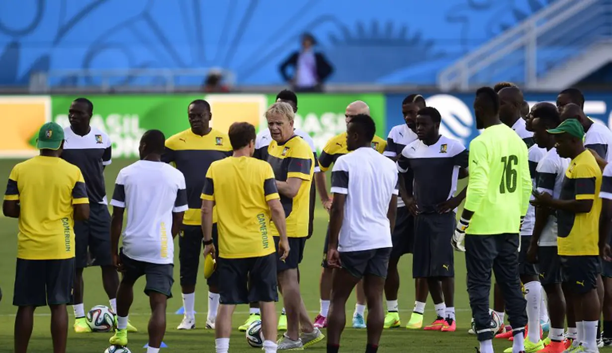 Kesebelasan Kamerun berjanji akan memberikan perlawanan yang hebat terhadap setiap lawannya di setiap pertandingan. Mereka mengingkan Kamerun kembali diperhitungkan, Brasil, Kamis (12/06/2014) (AFP Photo/PIERRE-PHILIPPE MARCOU)