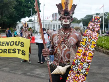 Sejumlah masyarakat adat suku Awyu melakukan unjuk rasa di depan Istana Merdeka, Jakarta, Kamis (11/5/2023). Masyarakat adat suku Awyu dari Boven Digoel, Papua Selatan, tersebut meminta pemerintah mempertahankan hutan adat yang terancam oleh konsesi sejumlah perusahaan sawit di daerah itu. (Liputan6.com/Angga Yuniar)