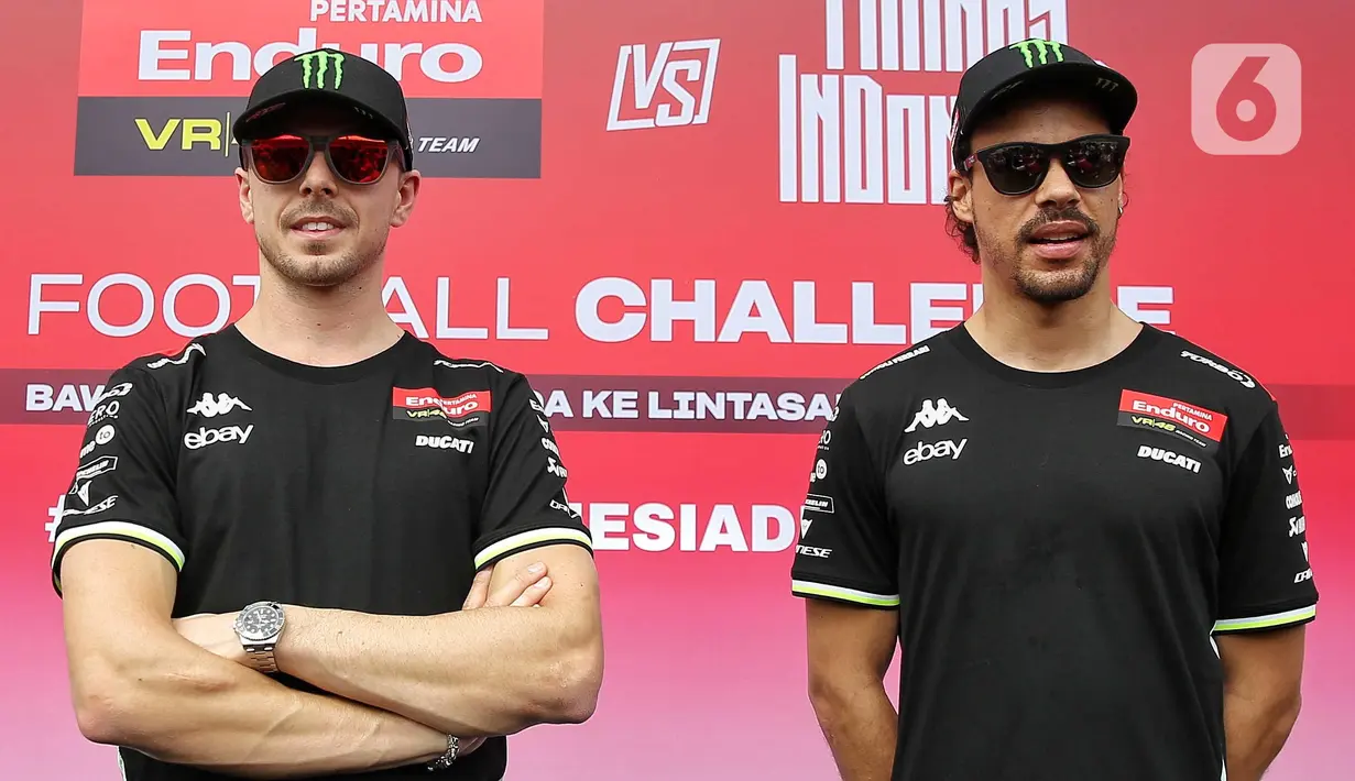 Dua pembalap Pertamina Enduro VR46 Racing Team, Franco Morbidelli dan Fabio Di Giannantonio hadir di Jakarta. (Liputan6.com/Angga Yuniar)