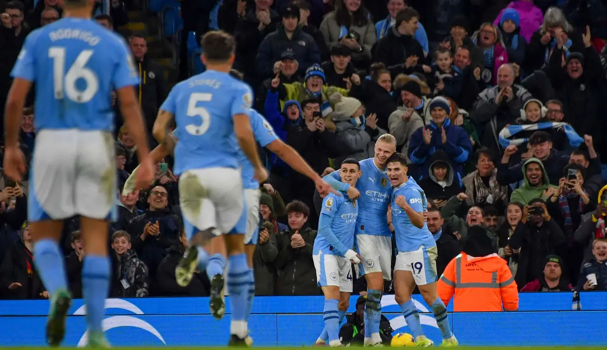 Akhirnya, gol tunggal Erling Haaland pada menit ke-71 menjadi penentu kemenangan Manchester City atas Brentford. (AP Photo/Rui Vieira)