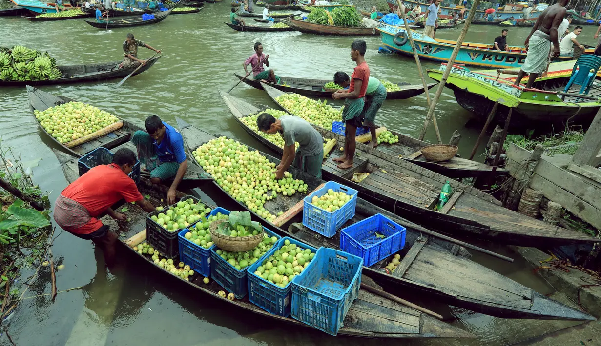 Para petani memasukkan jambu biji ke dalam perahu mereka sebelum menjualnya ke pasar apung di Barisal, Bangladesh, 14 Agustus 2020. Pasar apung yang berada sekitar 180 kilometer sebelah selatan Dhaka ini kerap ramai dipadati pembeli dan pedagang selama musim panen jambu biji berlangsung. (Xinhua)