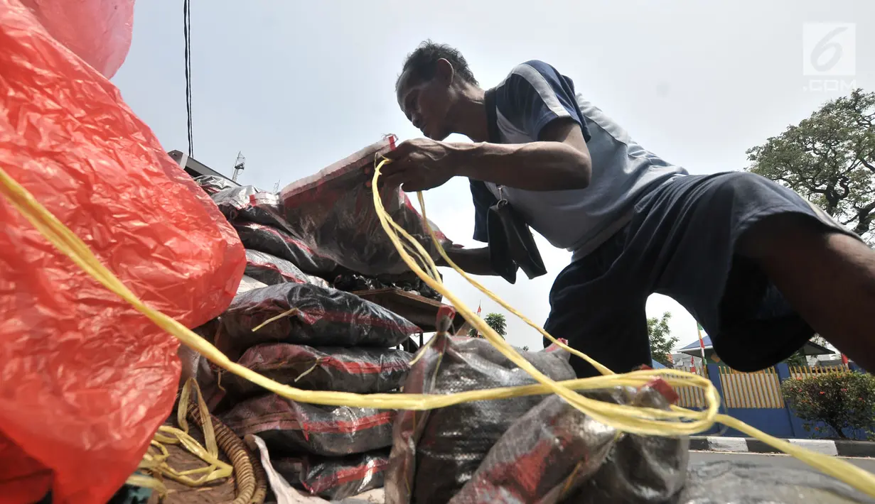 Penjual arang, tusuk sate, dan kotak pemanggang merapikan dagangannya di kawasan Manggarai, Jakarta, Rabu (22/8). Penjual mengaku meraup untung hingga Rp 1 juta dalam satu minggu menjual perlengkapan membuat sate. (Merdeka.com/Iqbal Nugroho)