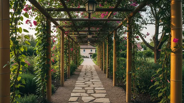 Desain Kebun Rumah dengan Lorong Tanaman Rambat ala Taman Eropa (AI)