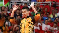 Ekspresi pebulutangkis Malaysia, Lee Chong Wei, saat berada di podium sebelum penyerahan medali nomor tunggal putra cabang bulutangkis Olimpiade Rio de Janeiro, Sabtu (20/8/2016). (EPA/Esteban Biba)